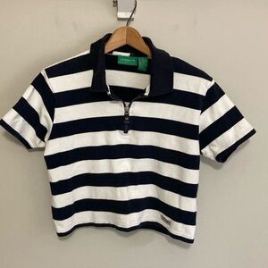 Liz Claiborne Blue and White Striped Cropped Polo Shirt Top, Women’s Size Small